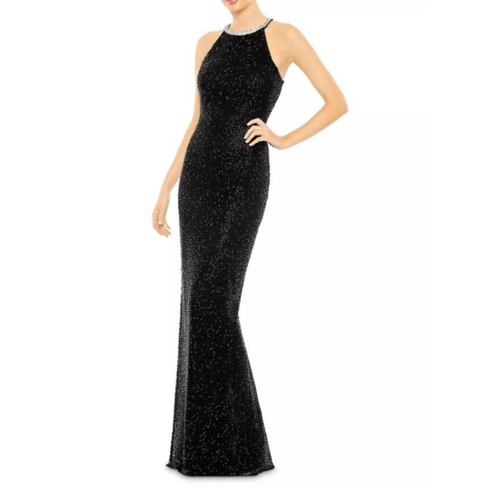 MAC DUGGAL 93742  BEADED HIGH NECK COLUMN BLACK GOWN  sz 10
